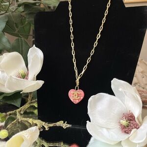 CHANEL Gold Chain Necklace with Pink Heart Pendant